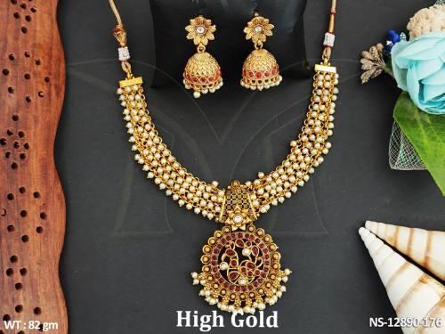 Clustered Pearl Desinger High Gold Polish Kemp Jewellery Kemp Short Necklace Set 