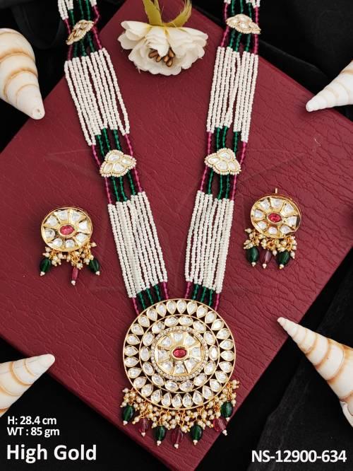 Clustered PEarl Designer High gold Polish Kundan Stones Ethnic Beaded Long Kundan Necklace Set