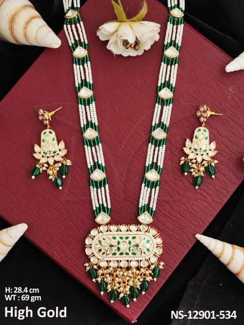 Kundan Stones High Gold Polish Fancy Desing Long Kundan Beaded Necklace Set 