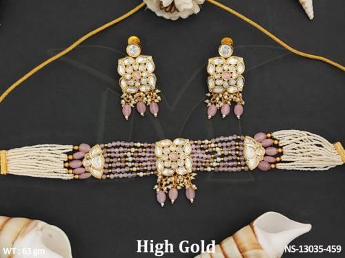 High Gold Polish Kundan Stones Designer Party wear Kundan choker Style Beaded Necklace Set 