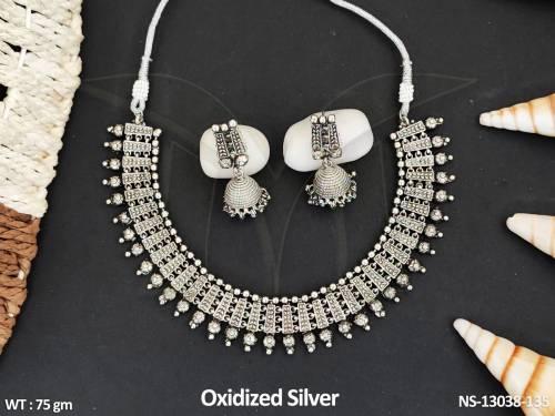 Fancy Style Party wear Oxidised Silver Designer Oxidised Jewellery Necklace Set   