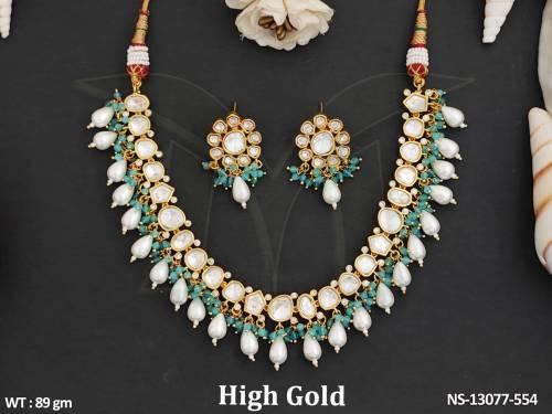 Kundan Stones Clustered Pearl High Gold Polish Fancy Desing Party wear Kundan Necklace Set
