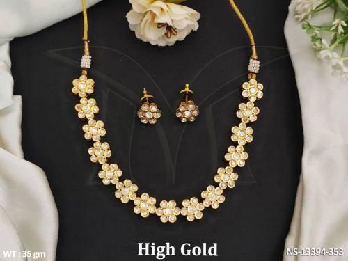 Beautiful Kundan Stones Rose Rodium Polish Kundan Jewellery Party wear Short Necklace Set 