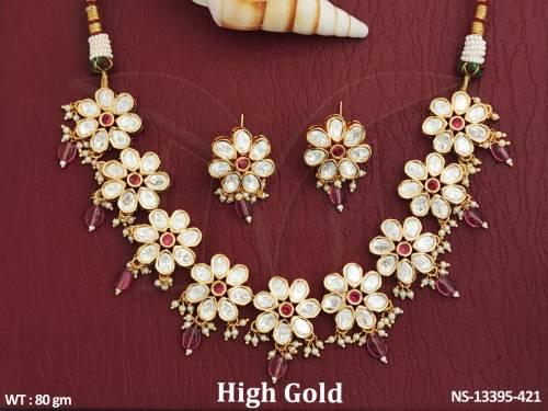 Rose Rodium Polish Clustered Pearl Beautiful Flower Design Kundan Stones Kundan Jewellery Short Necklace Set     