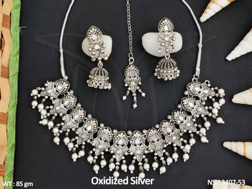Special Navratri Collection Necklace Set With Maang Tikka Oxidized Silver Polish Fancy Stylish Oxidized short Necklace Set 