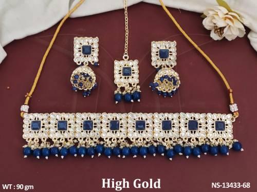 Designer Fancy Style Party wer High Gold Polish Kundan Jewellery Kundan Short Choker Style Necklace Set  