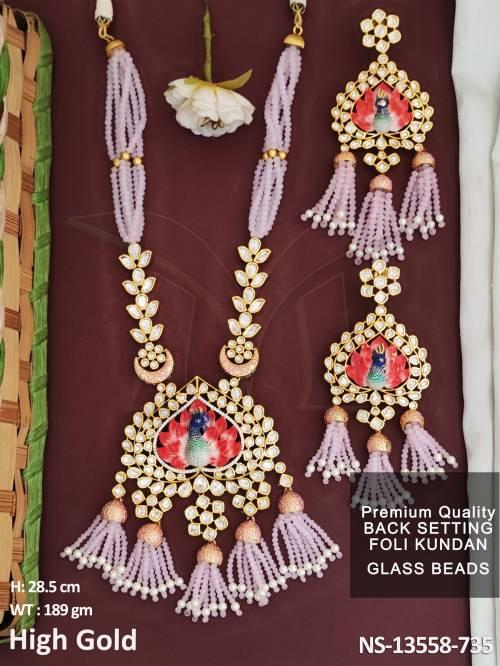 Kundan Jewellery High Gold Polish Peacock Design Kundan Long Necklace Set