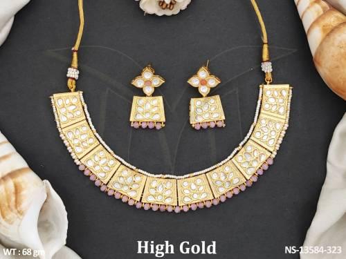 High Gold Polish Fancy Style Party wear Kundan Jewellery Kundan Short Necklace Set 