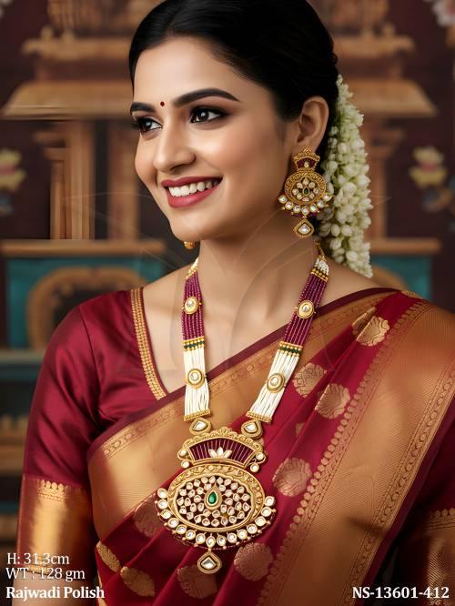 Beautiful Design Party wear Rajwadi Polish Kemp Jewellery Kemp Long Necklace Set     