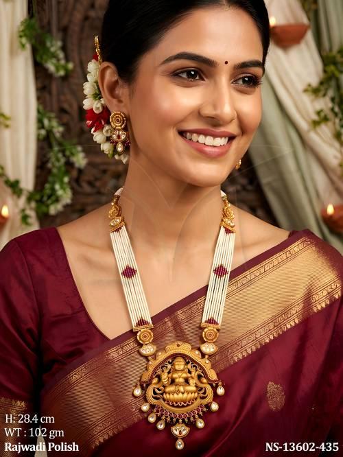 laxmi-pendant-clustered-pearl-rajwadi-polish-fancy-design-temple-jewellery-long-temple-necklace-set-