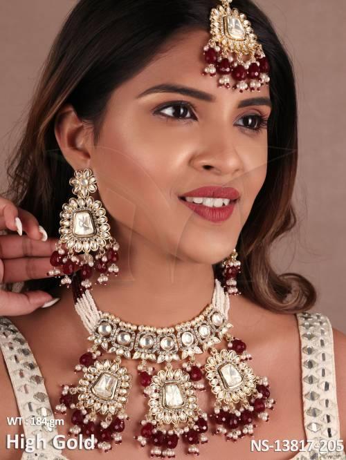 Clustered Pearl High Gold Polish Fancy Design Party wear Beautiful Kundan Stones Kundan Choker Style Necklace Set  