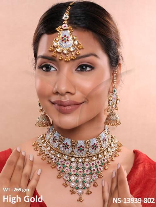 Beautiful High Gold Polish Designer Wedding Wear Kundan Stones Kundan Jewellery Heavy Choker Helf Bridal Necklace Set    