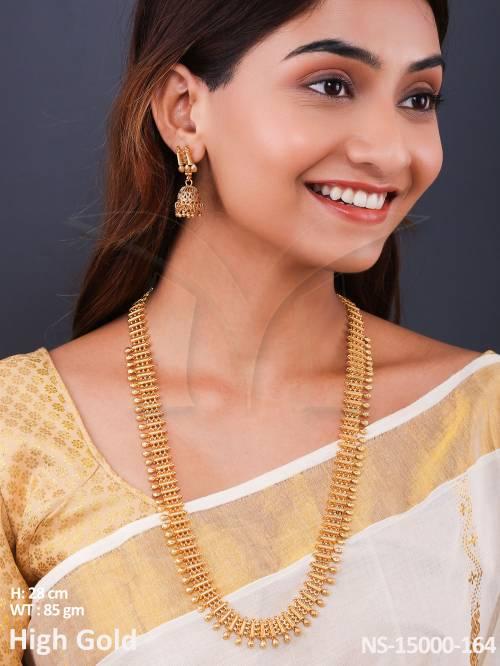 Antique Jewellery High Gold Polish Plain Gold Long Party Wear Antique Necklace Set