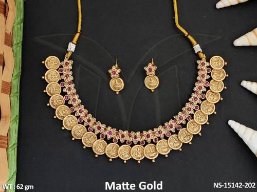 Temple Jewellery Matte Gold Polish God Face Coin Short Necklace Set 