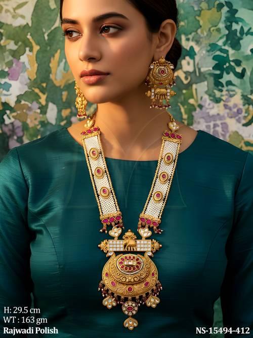 Antique Jewellery Beautiful Design Rajwadi Polish Designer Long Necklace Set 