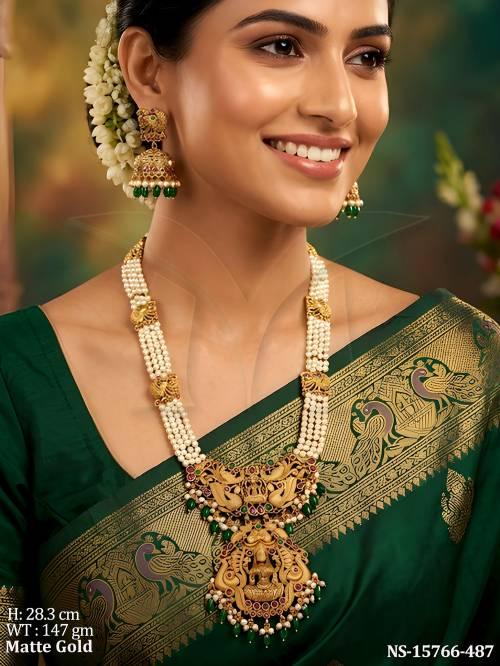 Temple Jewellery Beautiful Matte Gold Polish Party Wear  Long Necklace Set   