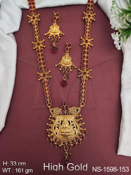 matka based laxmi ji engraved temple necklace set detail
