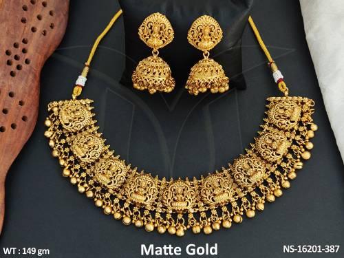 Temple Jewellery Matte Gold Polish  Necklace Set Ethnic Jewelry with Fancy a Modern Touch