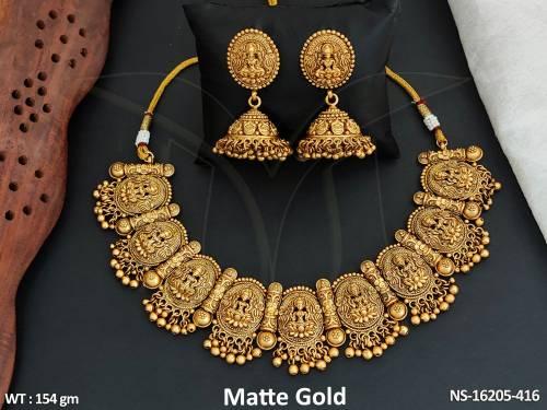 Exclusive Fancy Temple Jewellery Matte Gold Polish Necklace Set Perfect for Special Days