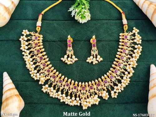 Kemp South Indian Design with Matching Earrings Pearl & Ruby Stone Necklace Set — NS-17603-337