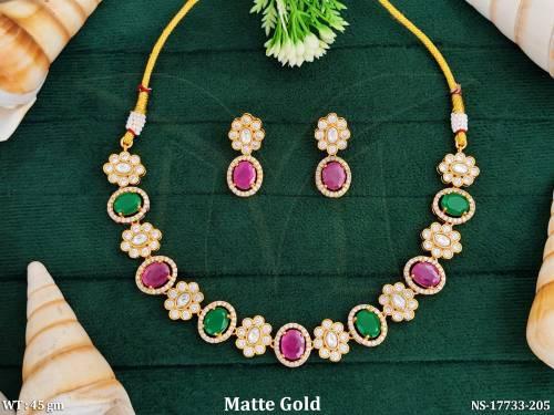 Kemp Matte Gold Polish Oval Shape Full Stone Short Party wear Necklace Set   