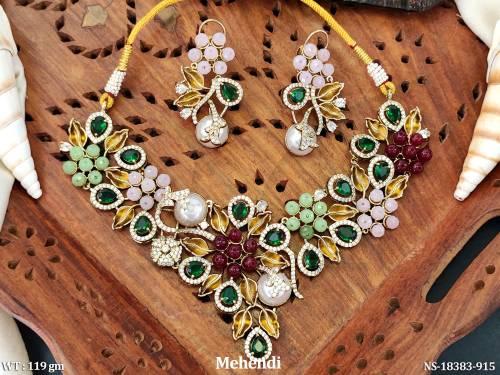 american-diamond-mehendi-polish-short-necklace-set-