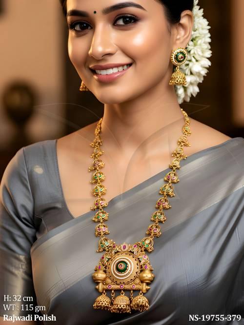Rajwadi Polish Traditional Long Necklace Set with Jhumka Earrings