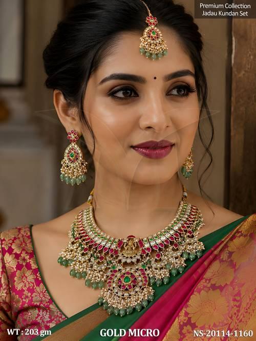 Traditional Lakshmi Pendant Jadau Kundan Wedding Necklace Set