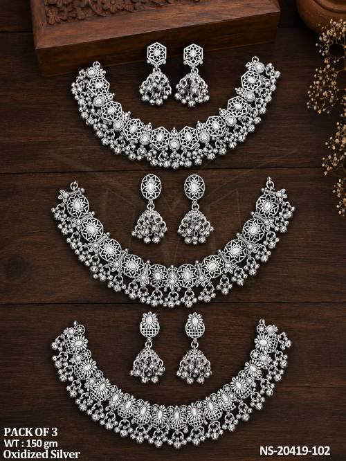Oxidized Silver Necklace Set Pack of 3 with Jhumkas