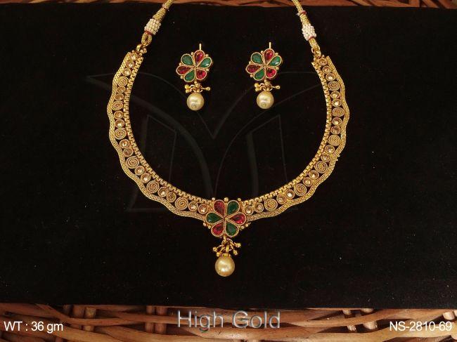 flower moti drop antique necklace set detail
