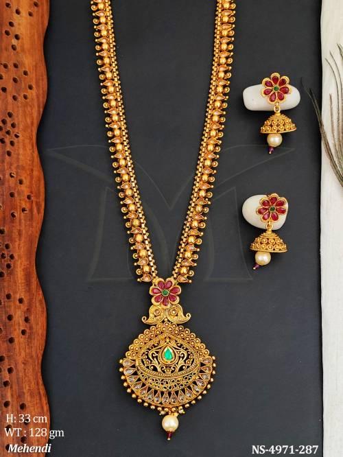 long style designed paan necklace set detail