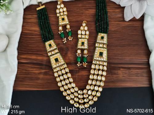 oval stone long kundan necklace set detail