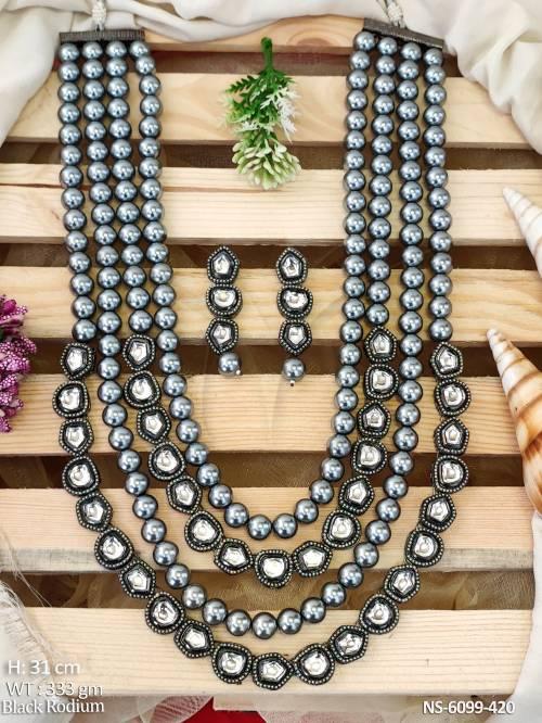 Kundan black rodium beads mala heavy long necklace