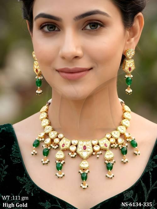 kundan beads heavy ruby green drop necklace set