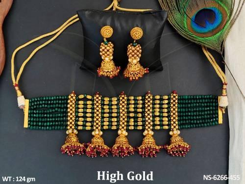 traditional ruby green jhumka design antique choker necklace set