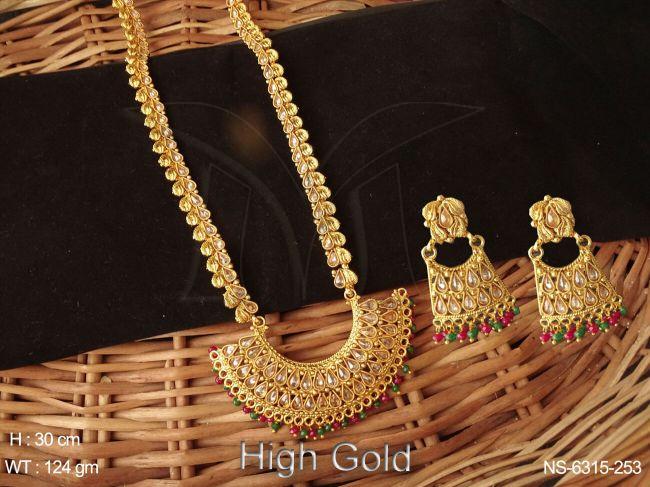 Long lct paan stone ruby green drop polki necklace set
