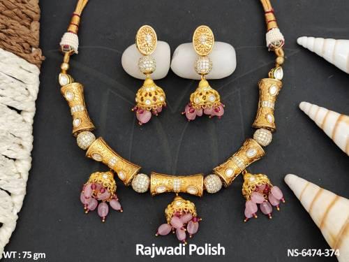 triple jhumka radwadi style designer pearl kundan ad necklace set