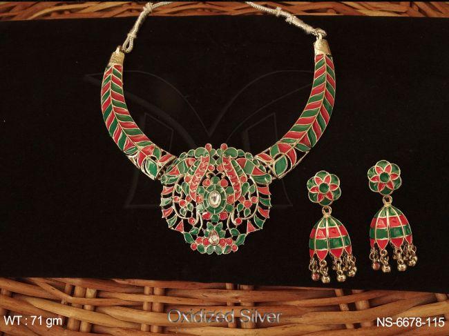 meena colouring paan stone antique jhumka earring necklace set'