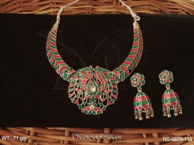 meena colouring paan stone antique jhumka earring necklace set[