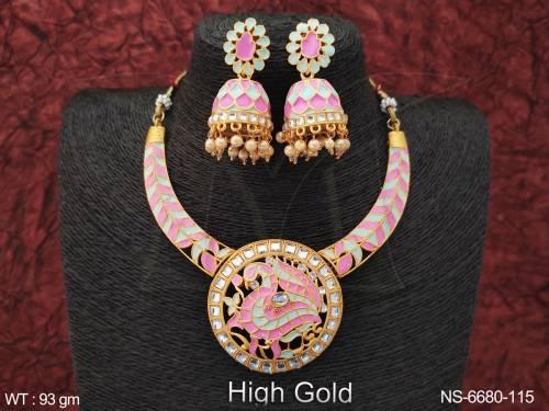 meena colouring paan stone antique jhumka earring necklace set'