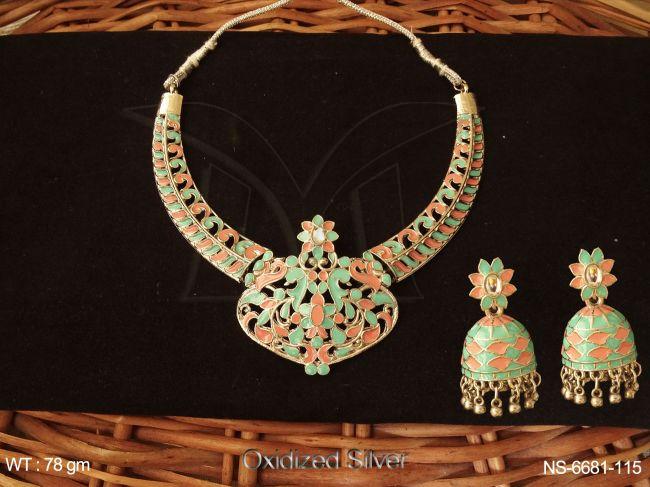 meena colouring paan stone antique jhumka earring necklace set'