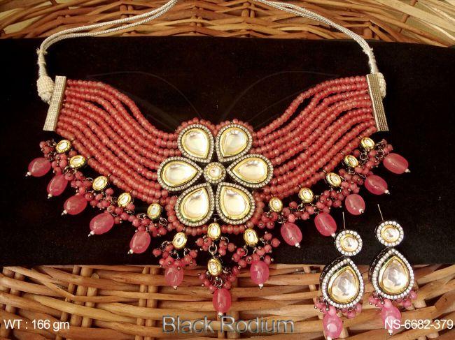 Black rodium Desgner Heavy Kundna Necklace