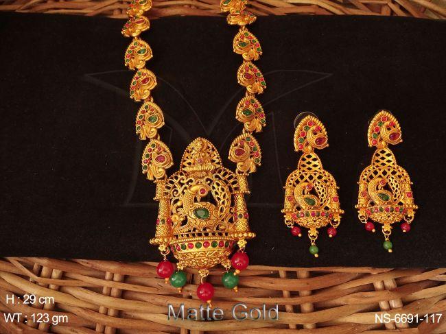 peacock temple traditional  matte gold long necklace