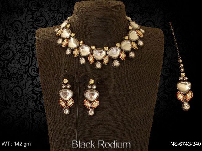 Black rodium Full Stone Kundan Desgner Necklace.