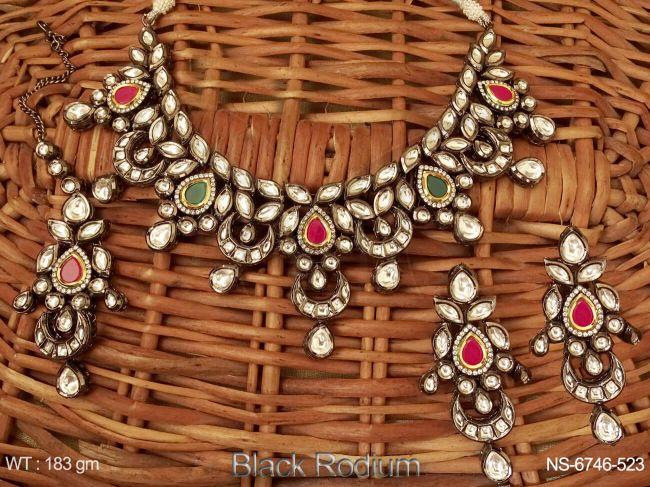 Black rodium Paan Stone Chand Shape Desgner Kundan Necklace Set