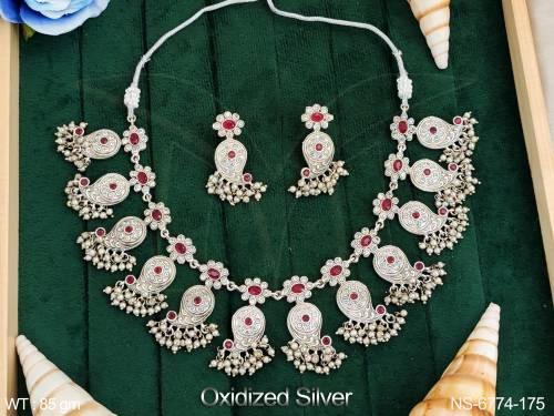 Oxidised silver paan shape necklace set