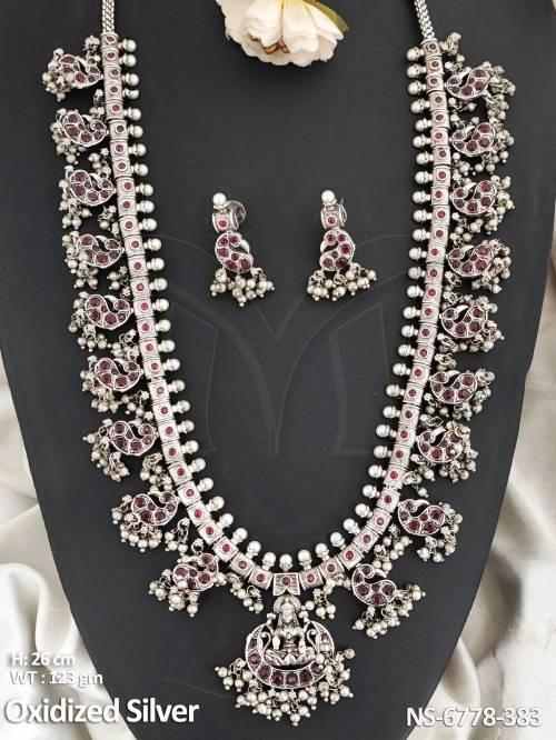 long silver laxmi design temple necklace