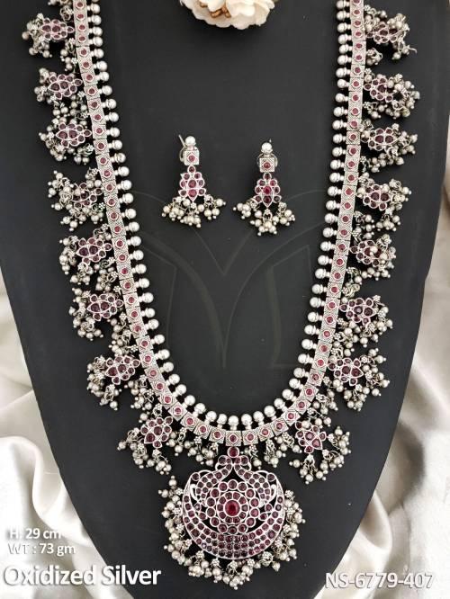 Long Silver Oxidised Antique Necklace Set