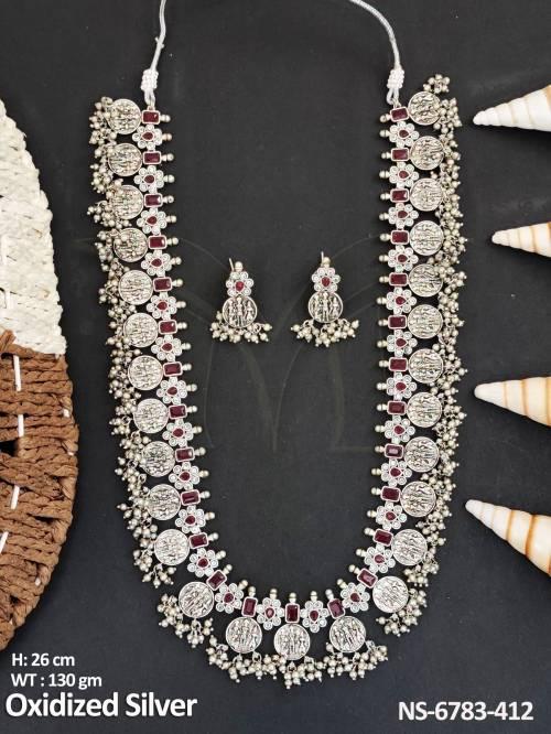 laxmi figure long  silver oxidized coin temple necklace set