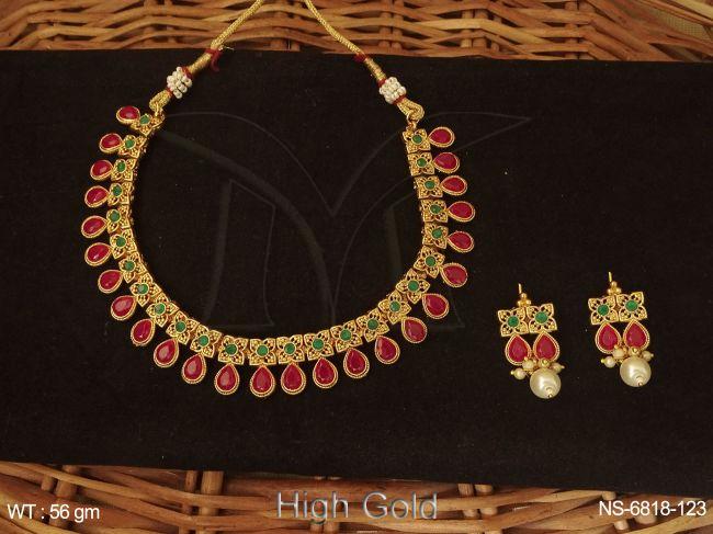 small paan shape stone studded high gold polished antique necklace set